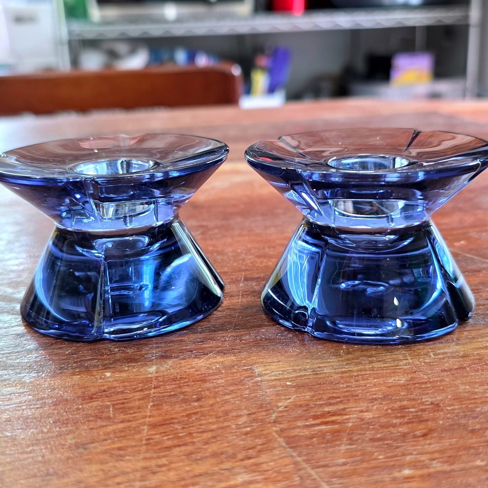 Rosendahl Glass Candle Holders Modern Danish‎ Cru Collection Mystic Blue Pair